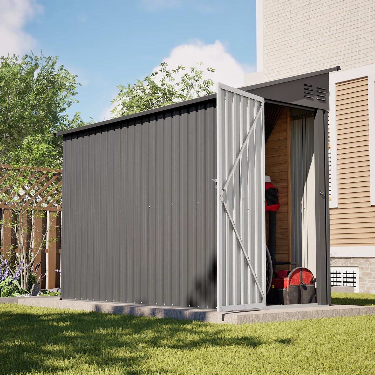 YOPTO 4×8 FT Lean to Metal Shed,Outdoor Heavy-Duty Storage Shed with Floor Base,All Weather Waterproof Garden Tool House W/Lockable Door&2 Air Vents,Reversible Door Design,for Backyard,Patio,Lawn,Gray