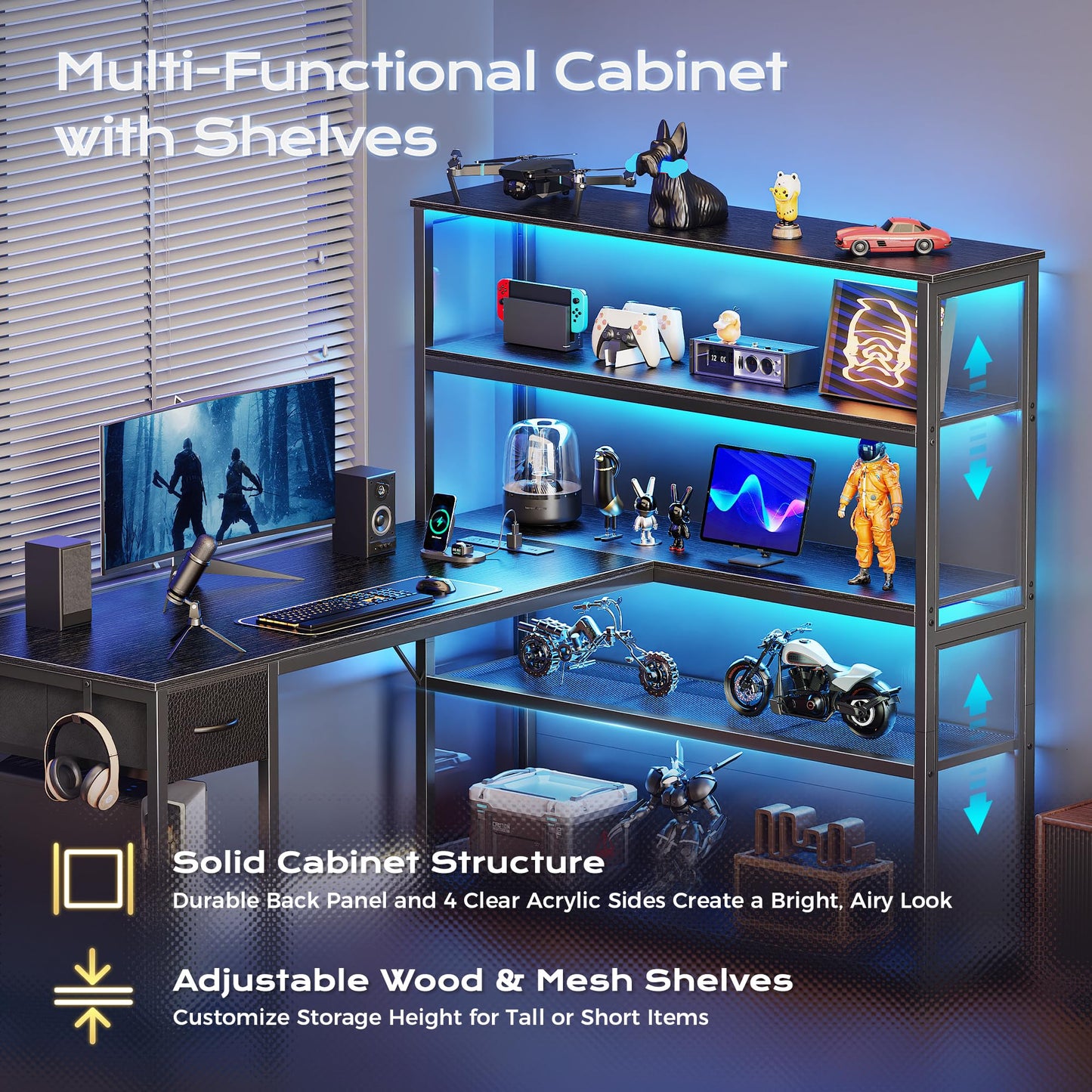 PRAISUN 57 Inch L Shaped Gaming Computer Desk with Larger Open Cabinet, Reverisble Office Desk with Power Outlets, LED Lights, Work Desk, Fabric Drawer, Adjustable Wood and Mesh Shelf, Black