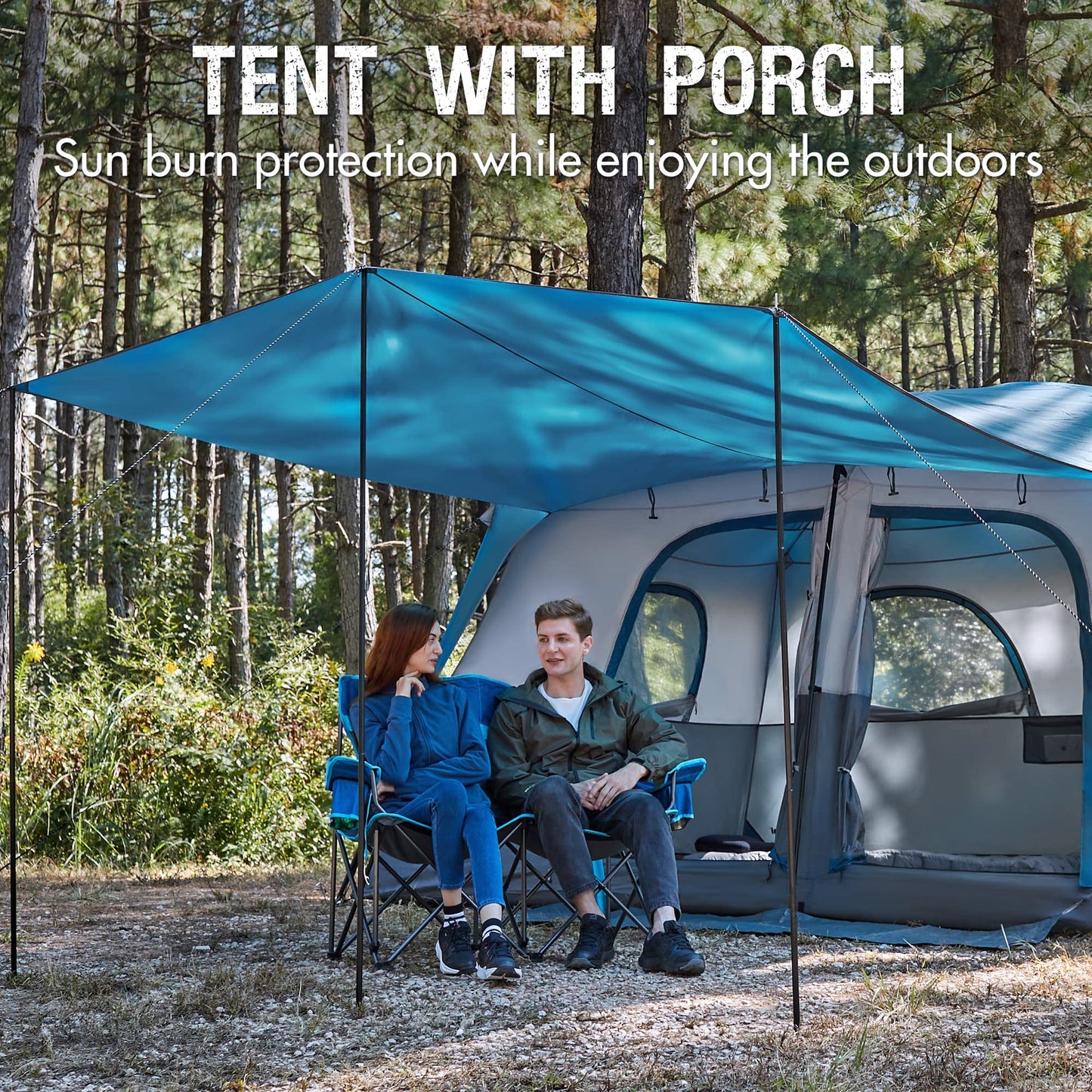 Portal 10 Person Camping Tent with Porch, Big Family Cabin Tent with 2 Rooms, 2 Doors, 2 Ground Vents, 6 Large Mesh Windows, Divided Curtain for Camping, Outdoor, Traveling, Water Resistant, Blue