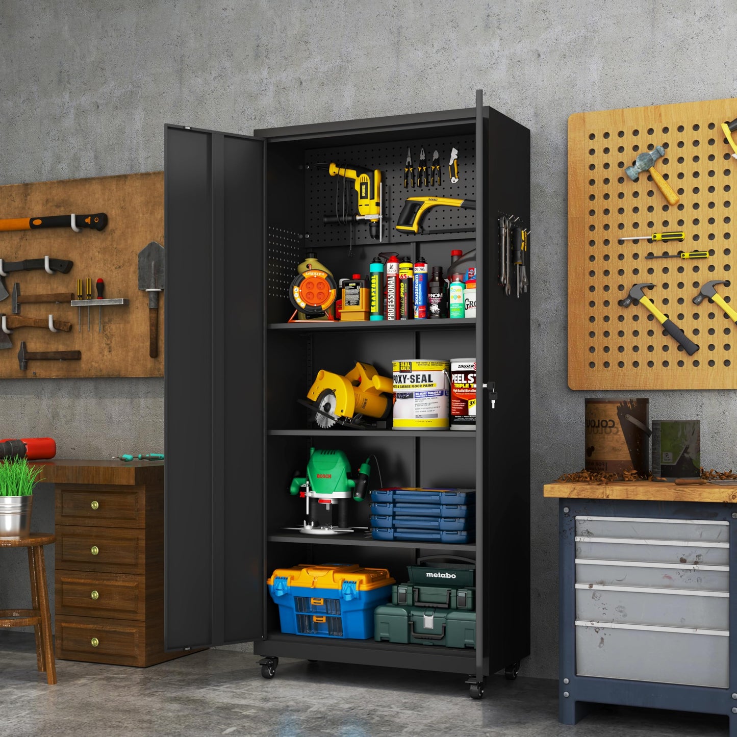 LONGLINK Metal Garage Storage Cabinet with Wheels,71" Tool Storage Cabinet with Adjustable Shelves,Lockable Storage Cabinets with Pegboards for Warehouse,Workshop,Garage,Basement,Utility Room(Black