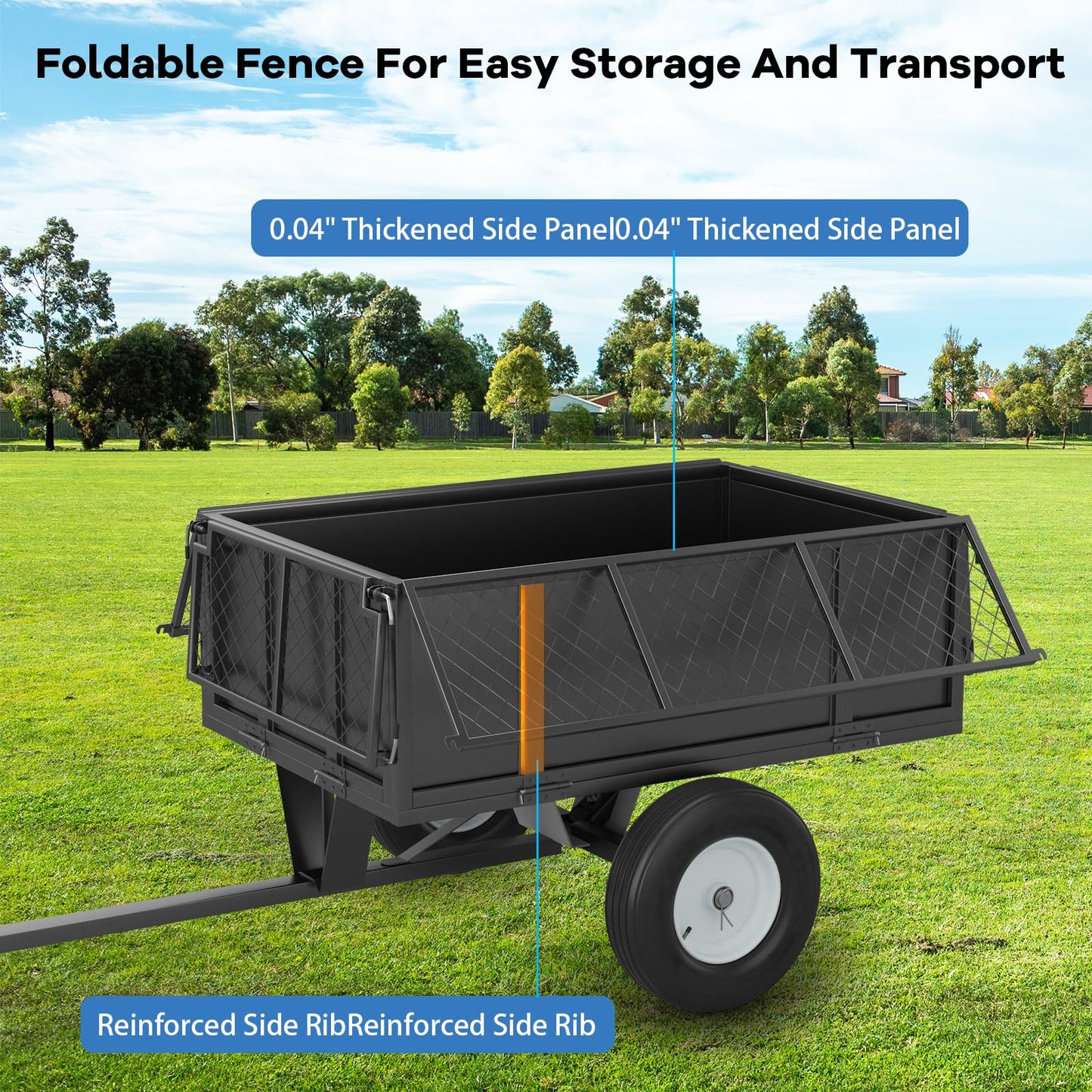 Heavy Duty 750 LBS Utility Trailer – 17 Cu Ft ATV Dump Trailer with Removable Sides, Pneumatic Tires & Quick-Dump Pull-Behind Yard Cart for Tractors, UTV, Lawn Mowers