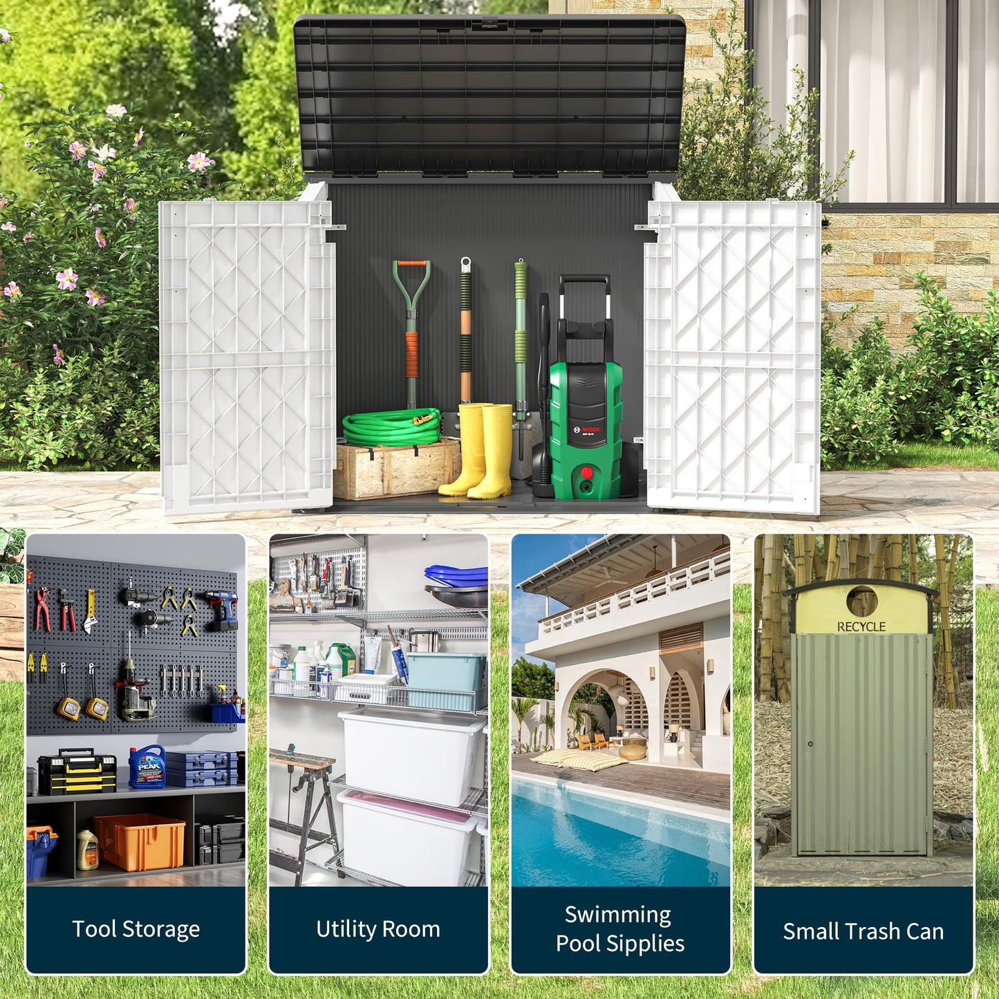 LHBGO Horizontal Storage Shed, Outdoor Resin Storage Shed 36 Cu. Ft. Garden Extra Large Capacity Weather Resistant Storage Box, Lockable Waterproof Shed for Garden Tools