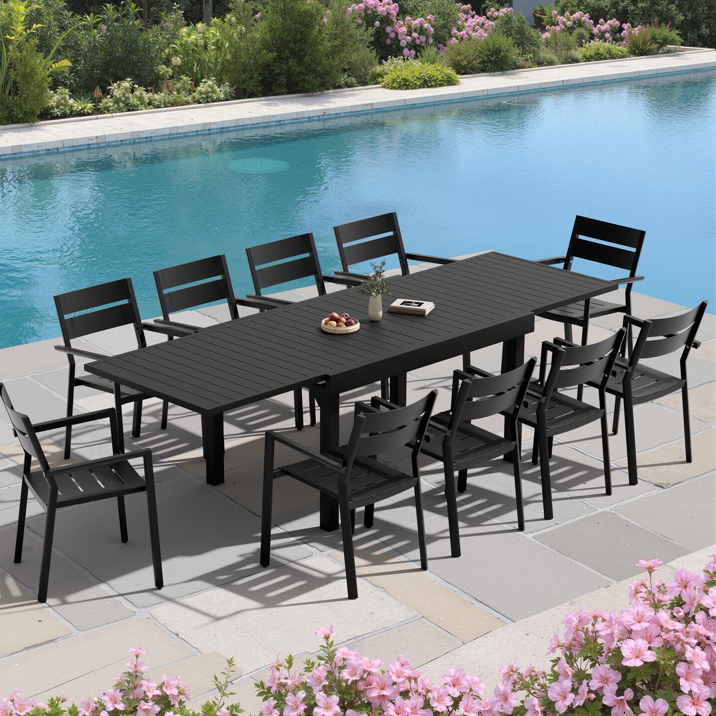 VredHom Expandable Patio Outdoor Dining Table for 8-10, 53" - 106" Aluminum Extendable Table, All-Weather Rectangle Deck Garden Furniture