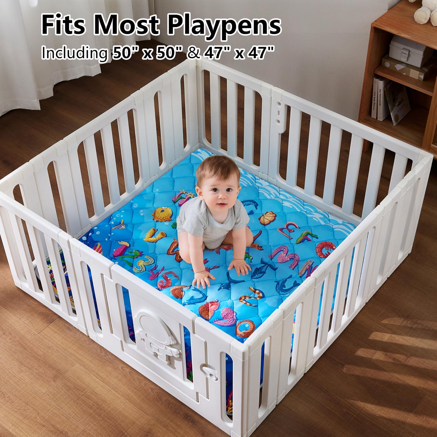 Baby Play Mat for Floor - MORAIS 50x50 Inch with 800g Filling Thickened Crawling Mat for Playpen, Cushioned Playpen Mat with Anti-Slip Bottom and Animal Alphabet (Ocean Adventure)