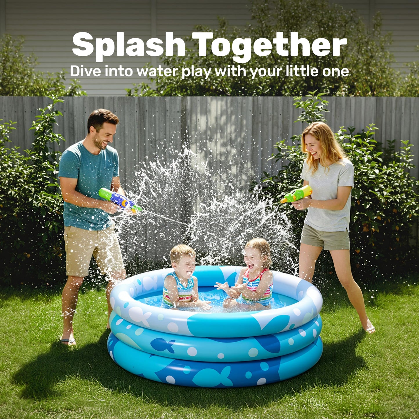 Sloosh Inflatable Kiddie Pool, 34"x10" Blow Up Kid Swimming Pool,3 Rings Blue Baby Pool for Toddler,Play Pit for Dog with Geometric Pattern for Summer Water Party Backyard Garden(Fish)