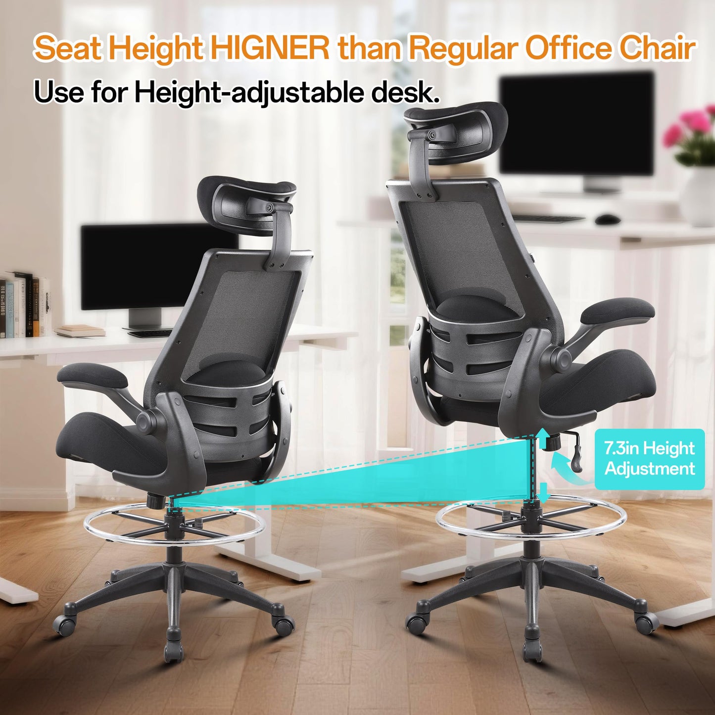 BOLISS Drafting Office Chair 400lbs High Back Wide Standing Desk Chair Comfortable with Flip up Armrests Lumbar Support Adjustable Big Footrest Ring(Black)