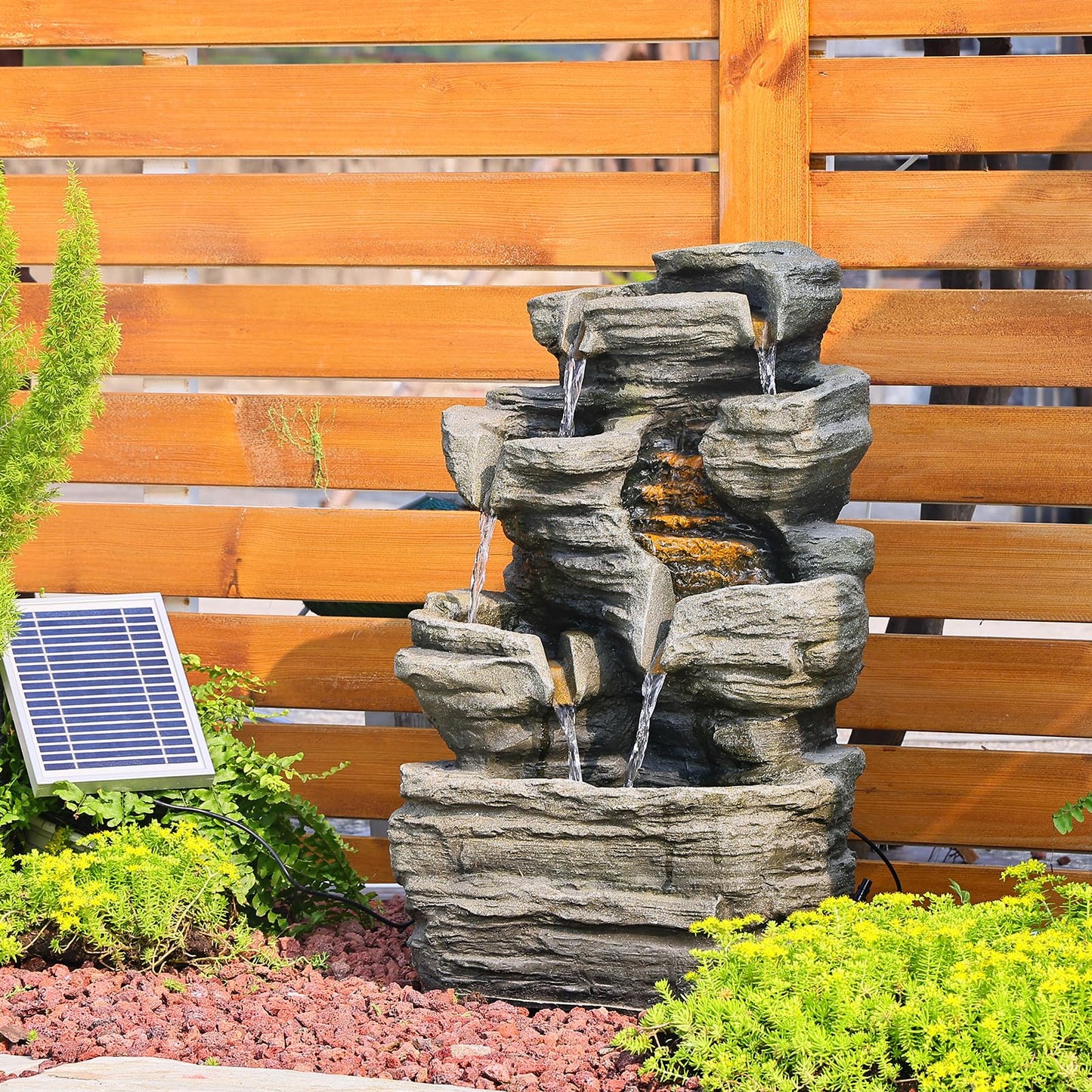 Bumilgar 6 Tier Cascading Rock Solar Water Fountain Outdoor Garden Waterfall Decor for Garden, Patio, Backyard, Deck, Porch and Home Art Decor,24.4" H Outdoor Fountain with LED Lights