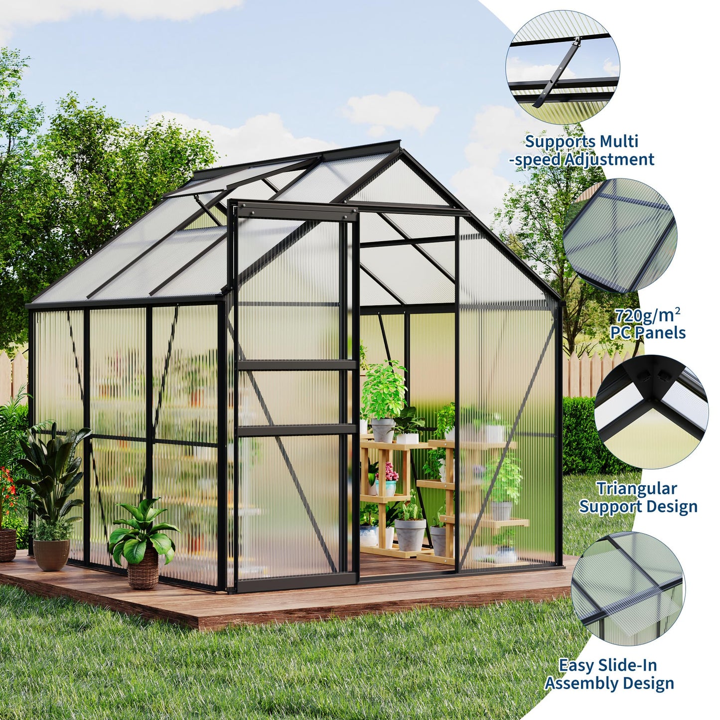 Garvee 6 x 6 FT Outdoor Greenhouse, Polycarbonate Greenhouses with Aluminum Frame, Sliding Door, Adjustable Roof Vent for Backyard, Green Houses for Outside Garden Backyard, Patio, Black