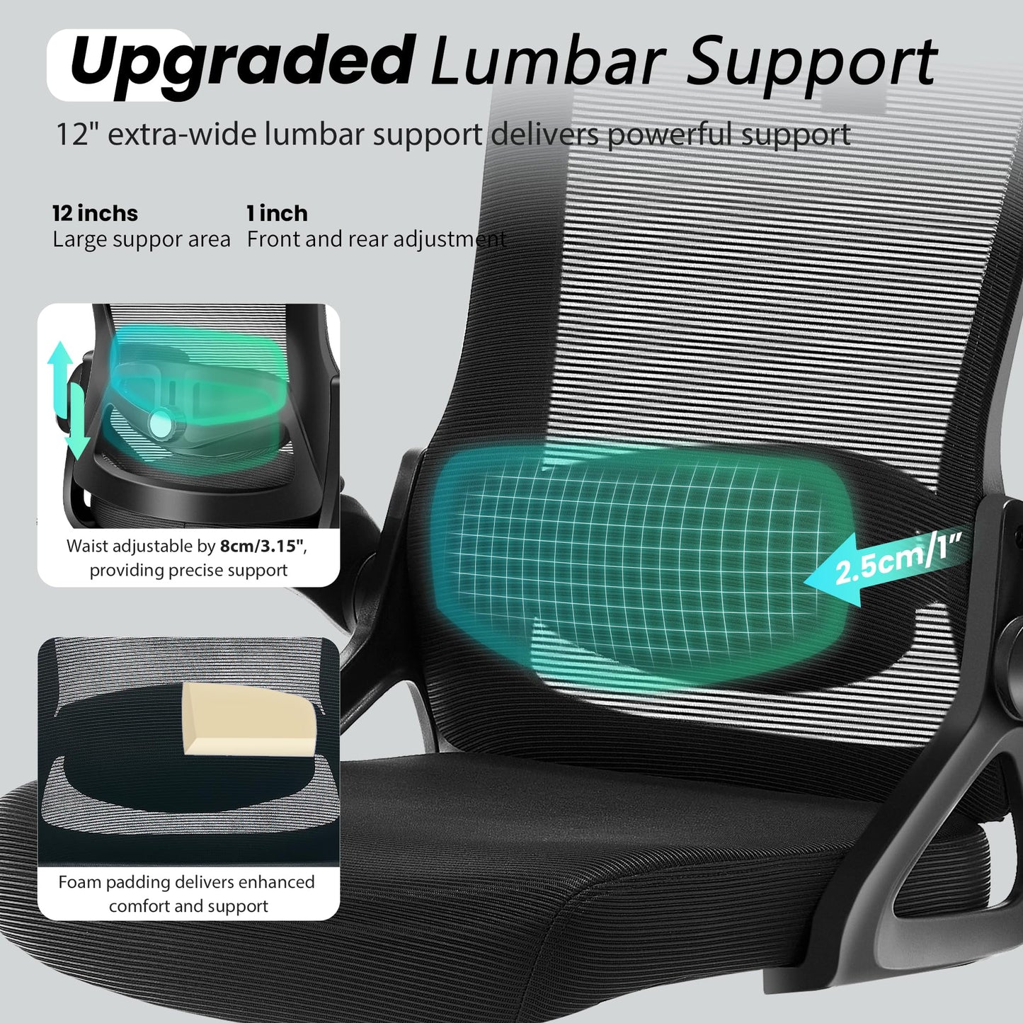 Fizzin Ergonomic Office Chair, 400 LBS Computer Chairs with Adjustable Lumbar Support, Breathable Mesh Desk Chair Ergonomic with Thickened Cushion, Comfy Home Office Desk Chair (Black)