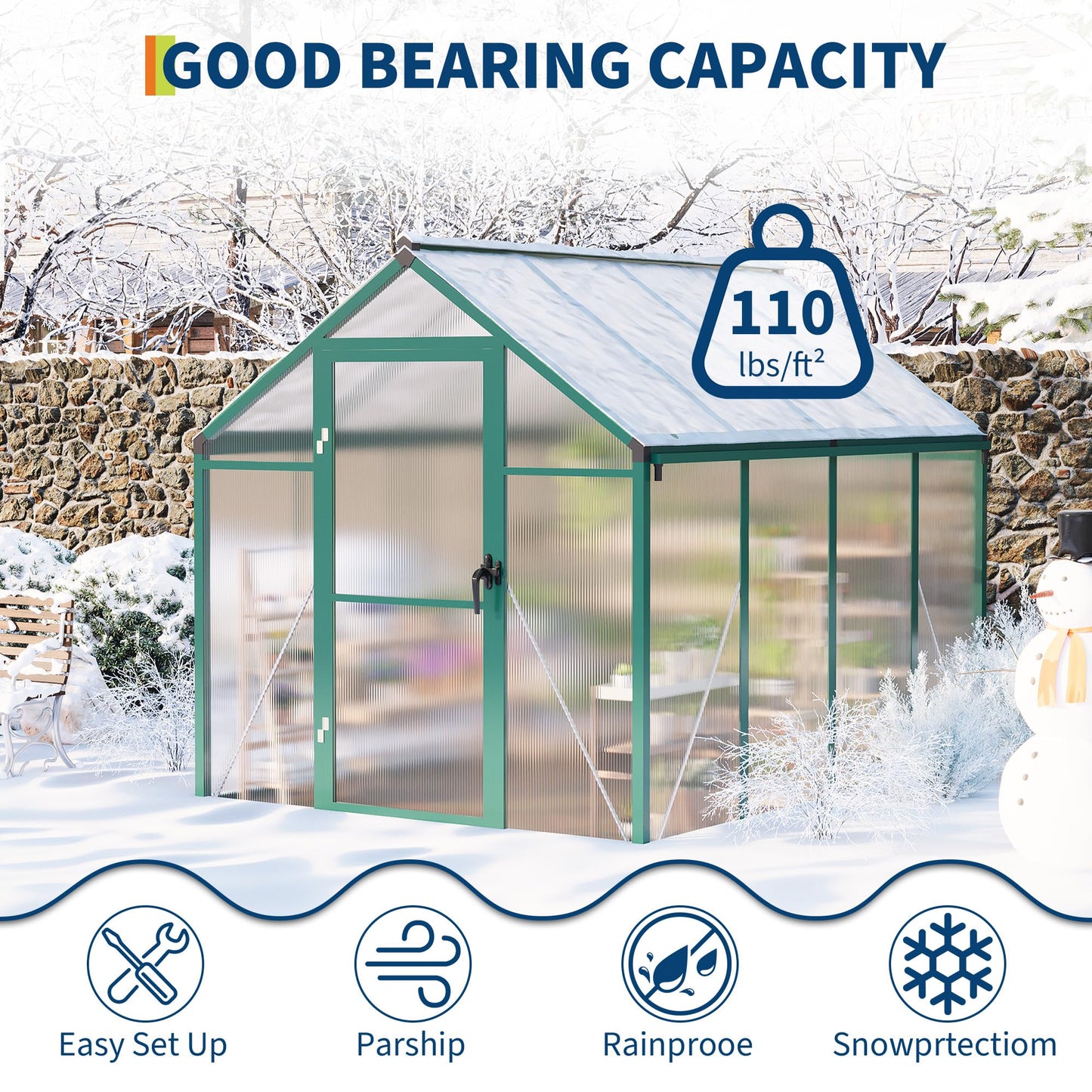 6 X 10 Greenhouse, Greenhouses for Outside, Polycarbonate Greenhouse with Aluminum Frame, Lockable Door and Ajustable Roof Vent for Backyard, Green Houses for Outside Garden Backyard, Patio