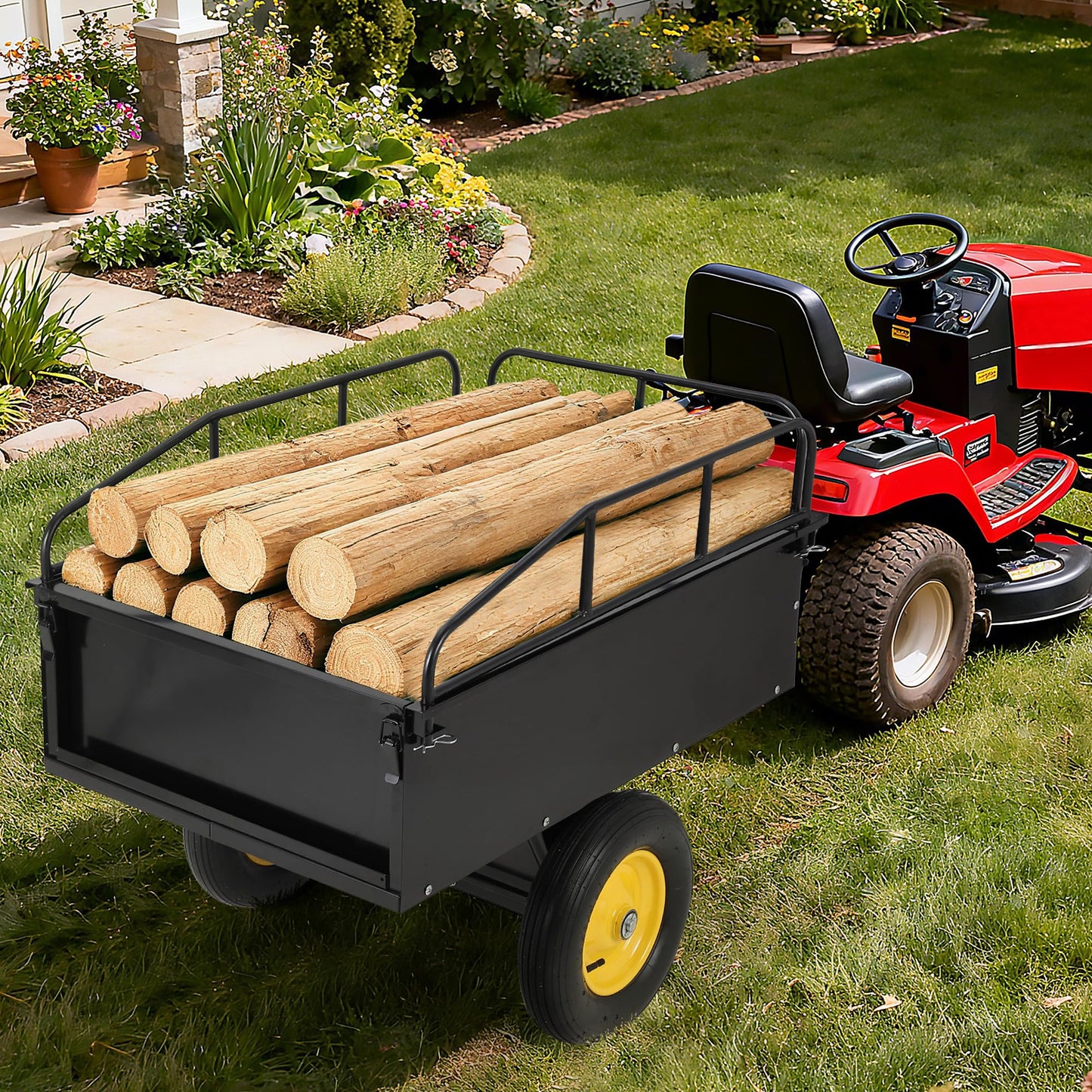 750LB Capacity Steel Dump Cart - Heavy Duty ATV Trailers Pull Behind - Garden Utility Trailer Yard Trailers for for Lawn Mower Tractor