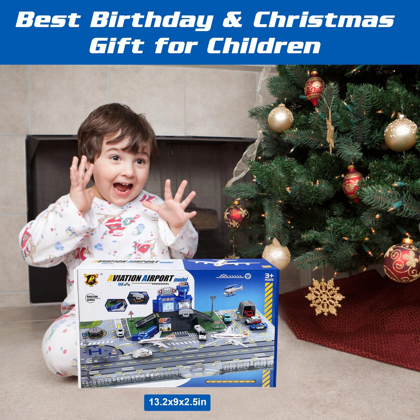 Airplane Toy Set with Trucks, Helicopter, Planes, Signs and Airport Playmat, Interactive Early Learning Toys for Boys Girls, Great Gift for Birthday