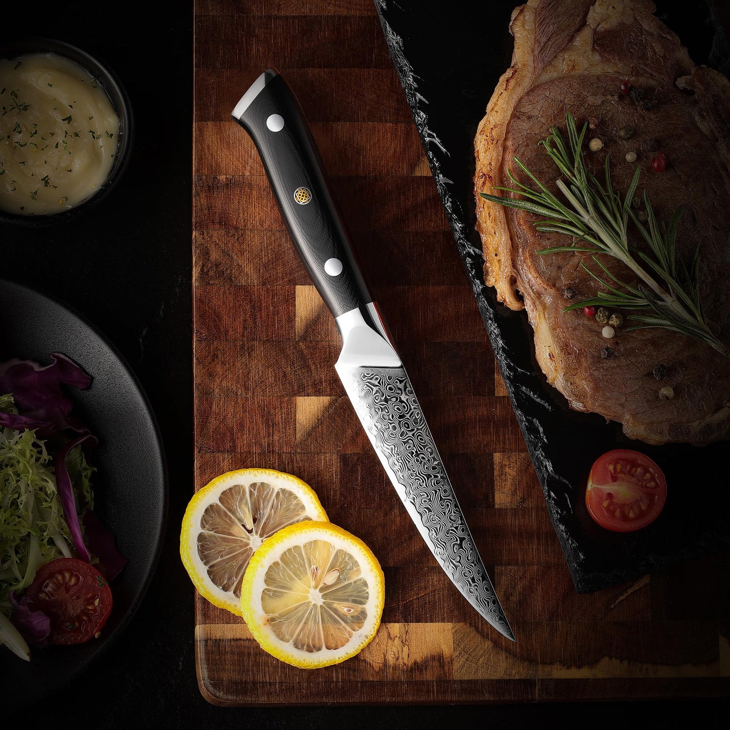 SliceElite Elite Series 6-Piece Steak Knife Set Non-Serrated Plain Edge Steak Knives 67-Layer Damascus Steel with VG10 Super Steel Core G10 Composite Handle Premium Steak Knives Blade Guards Gift Set