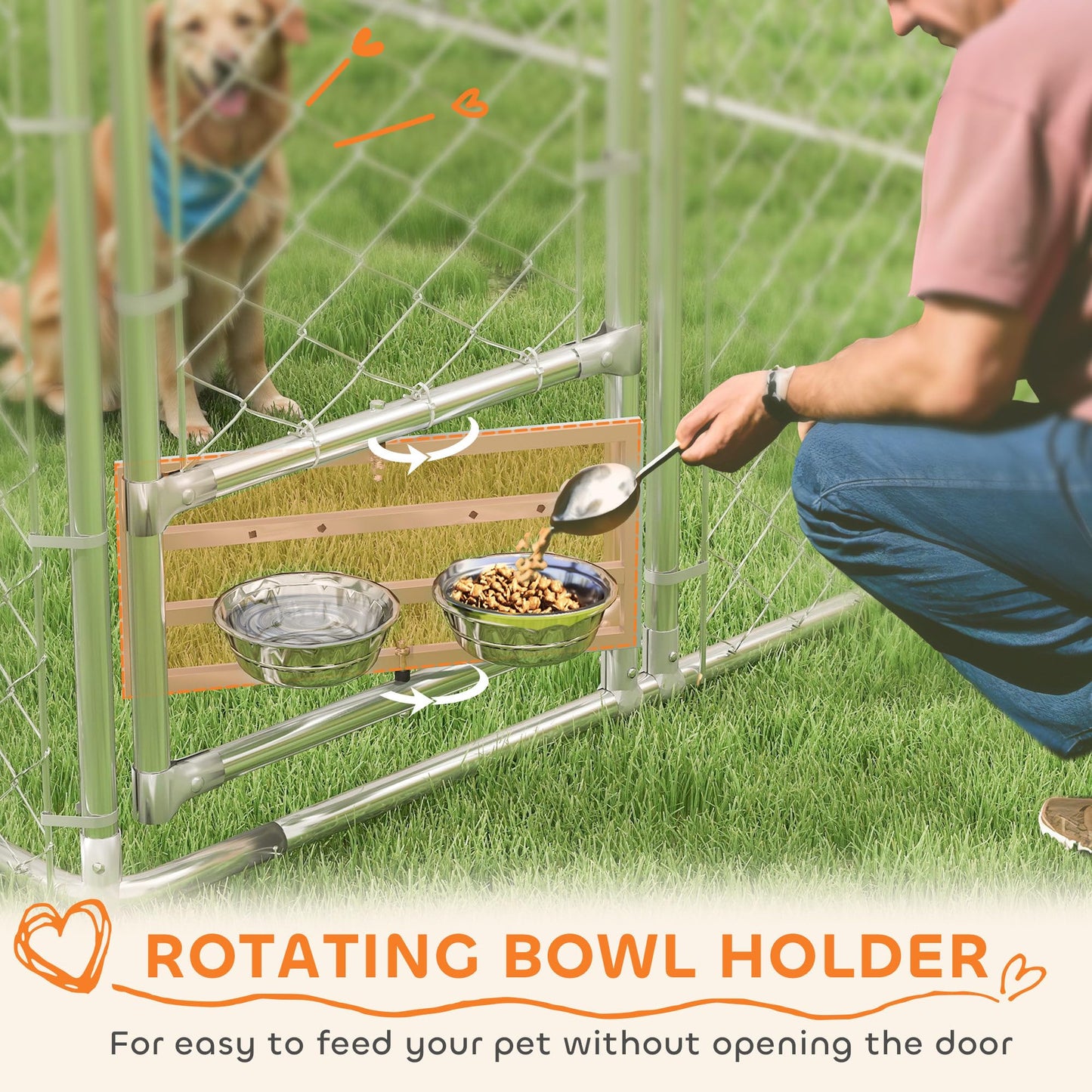 PawHut Large Outdoor Dog Kennel, Heavy Duty Galvanized Chain Link Dog Kennel Outside with Waterproof & UV-Resistant Cover, Rotating Bowls Door, for M&L Breeds, Chickens, Ducks, 20' x 7.5' x 7.5'