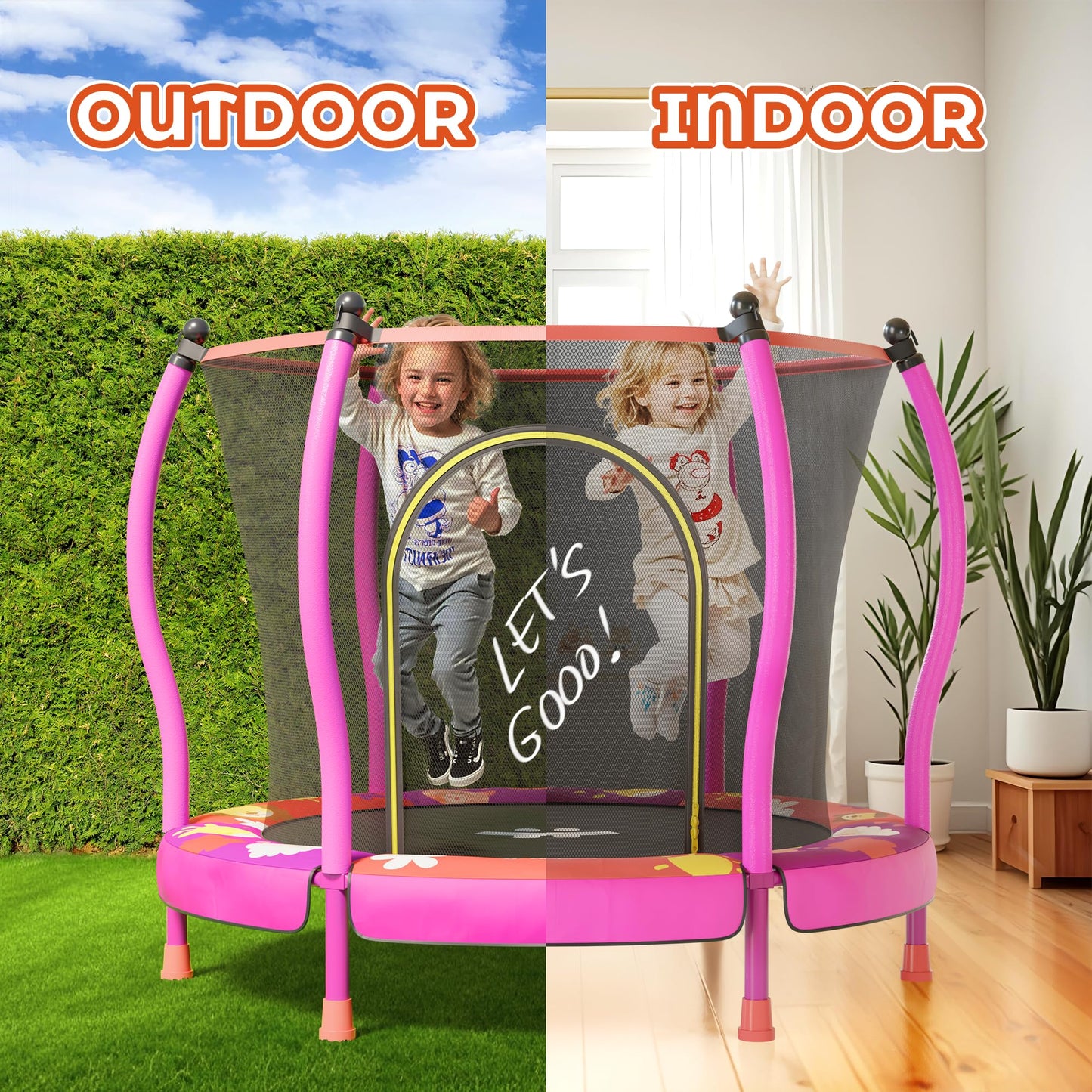 Happin® 55'' Toddler Trampoline Indoor & Outdoor with Safety Enclosure, 5FT Recreational Trampoline for Kids, Ages 1-8 with Basketball Hoop, No-Gap Design, Toddler Gift for Boy & Girl