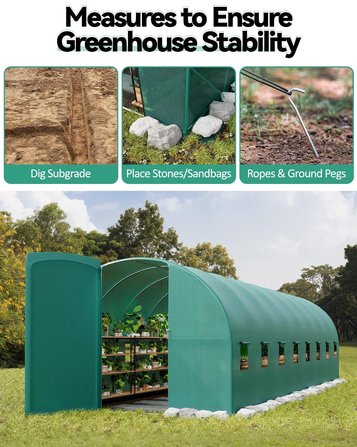 GarveeLife Walk-in Greenhouse Tunnel 28x10x7.5 ft,Galvanized Steel Tunnel Greenhouse with Doors and Windows,Garden Hot House for Home Gardening Seed Germination