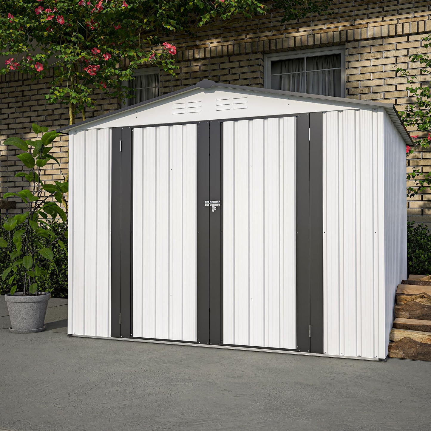 KEIKI Storage Shed 8x6 FT, Large Metal Tool Shed for Outdoor Storage, Galvanized Steel Garden Shed with Lockable Doors for Patio, Backyard, Lawn, White