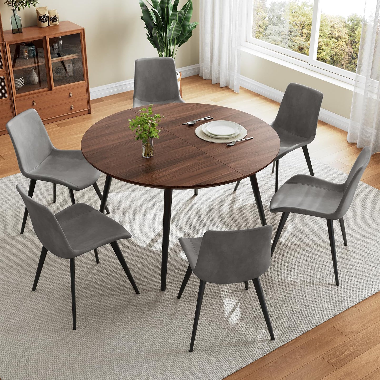 HIPIHOM 43.3"-59.1" Extendable Round Dining Table Set of 6, Mid Century Wooden Round Kitchen Table, Coffee Table for 4-6 Person,6 Gray PU Leather Chair