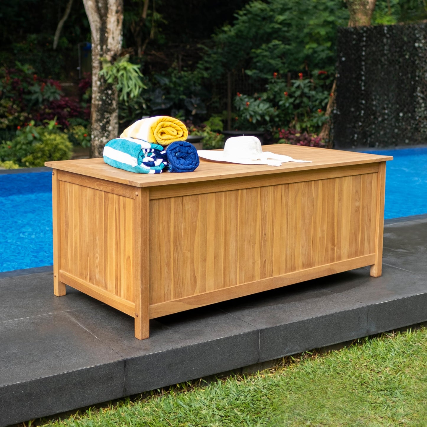 Cambridge Casual Arie 60-Inch Teak Outdoor Deck Box Storage Chest, Weather-Resistant Patio Organizer with Soft-Close Lid for Pool, Garden & Backyard