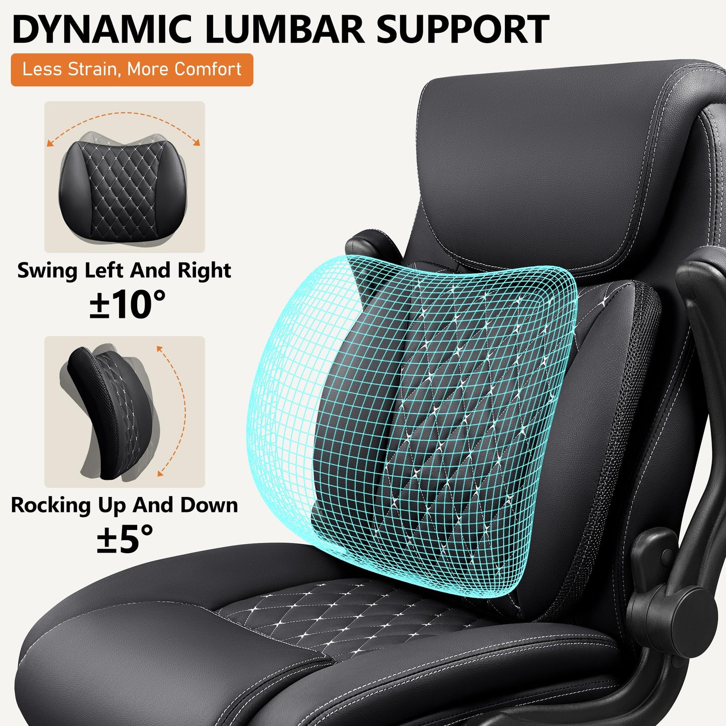 BESTFAIR Office Chair,Ergonomic Office Chair with Lumbar Support for Lower Back Pain Relief, Executive Leather Chair with Padded Flip-up Arms, Wheels and Adjustable Armrests, Black