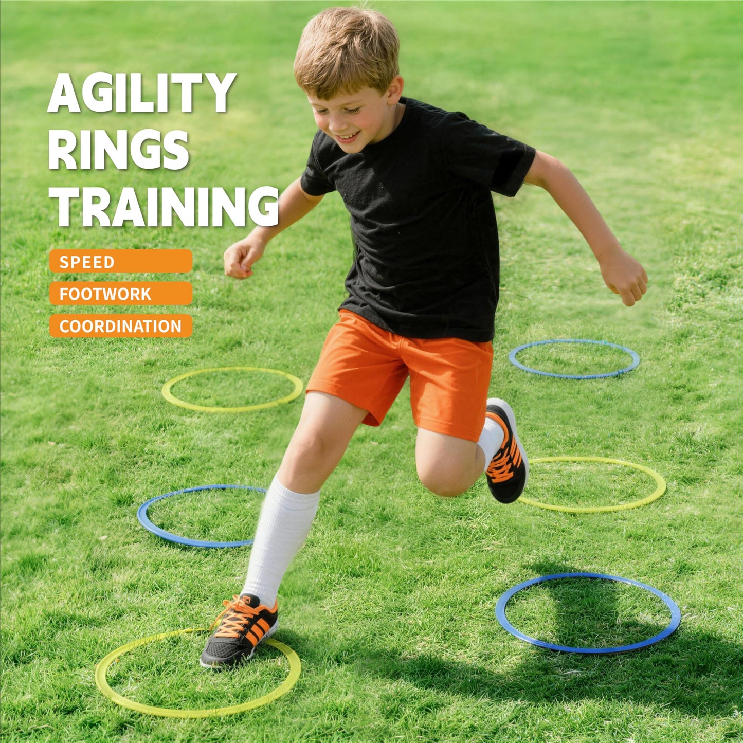 Oranmew Hopscotch Rings – Hoop + Square, 2-Set – (10 Round + 10 Square, 15-inch) + 30 Connectors, Agility Rings for Kids, Gross Motor Skills, Preschool & Kindergarten PE, Playground Obstacle Course