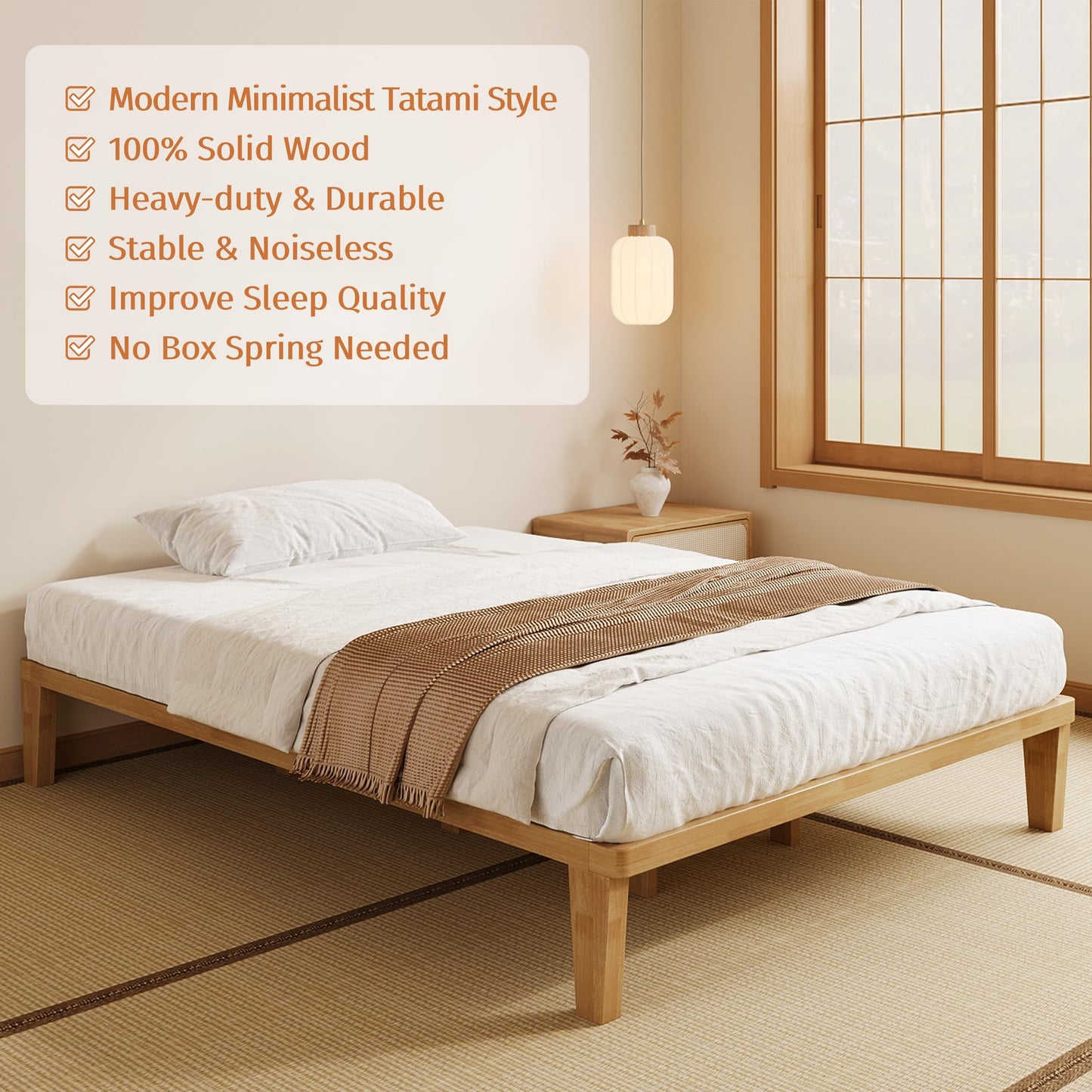 IOTXY King Platform Bed Frame - 12 Inch Solid Wood Mattress Foundation Base with Heavy-Duty Support Slats & Legs, Rubberwood King-Size Bedframe