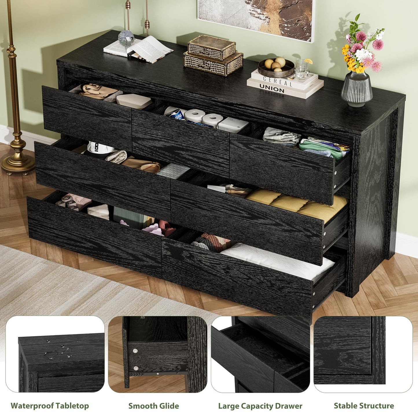 GarveeHome 7 Drawer Dresser for Bedroom, Wide Modern Chest of Drawers, Large Wood Dresser Wooden Storage Organizer for Living Room, Hallway Entryway