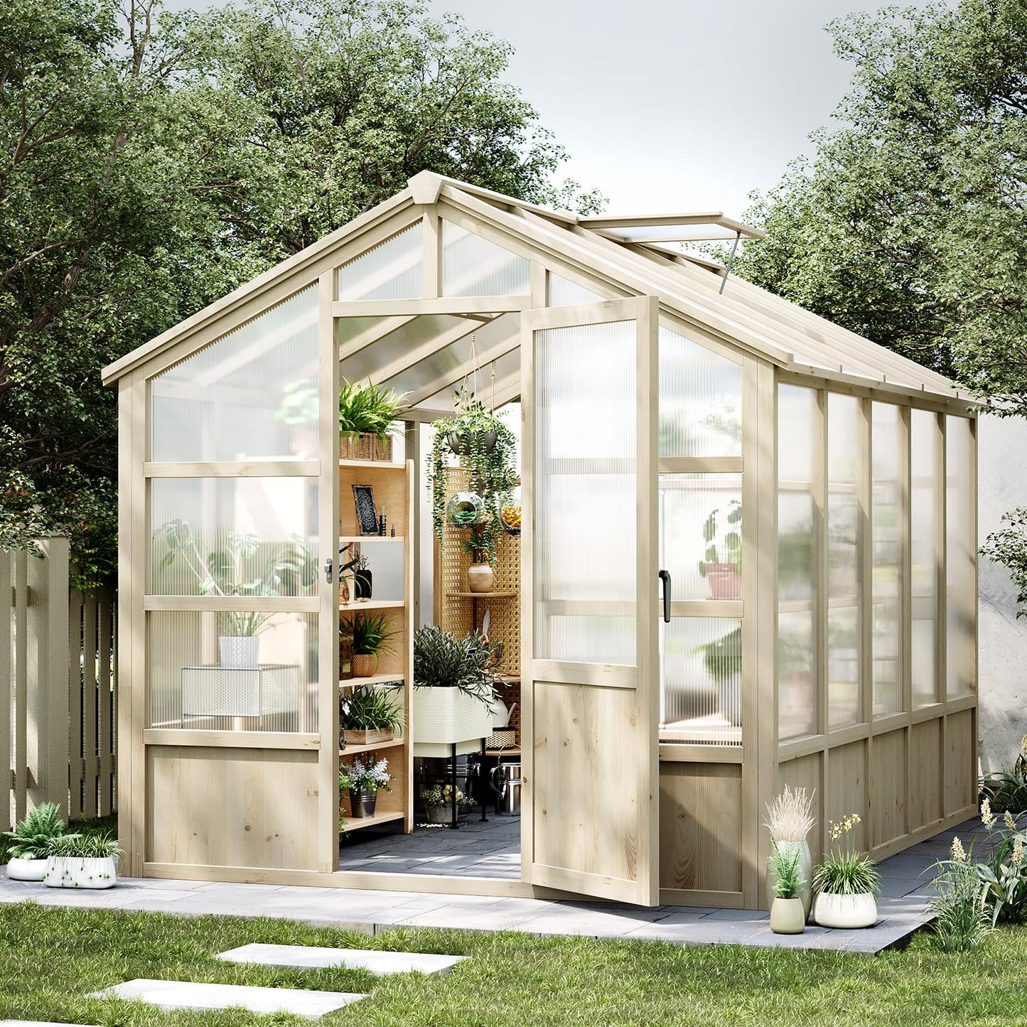 10x8FT Wooden Greenhouse, Greenhouses with Lockable Door, Wood Frame & Adjustable Vent, Greenhouse with for Outdoor, Garden, Yard, Light Brown