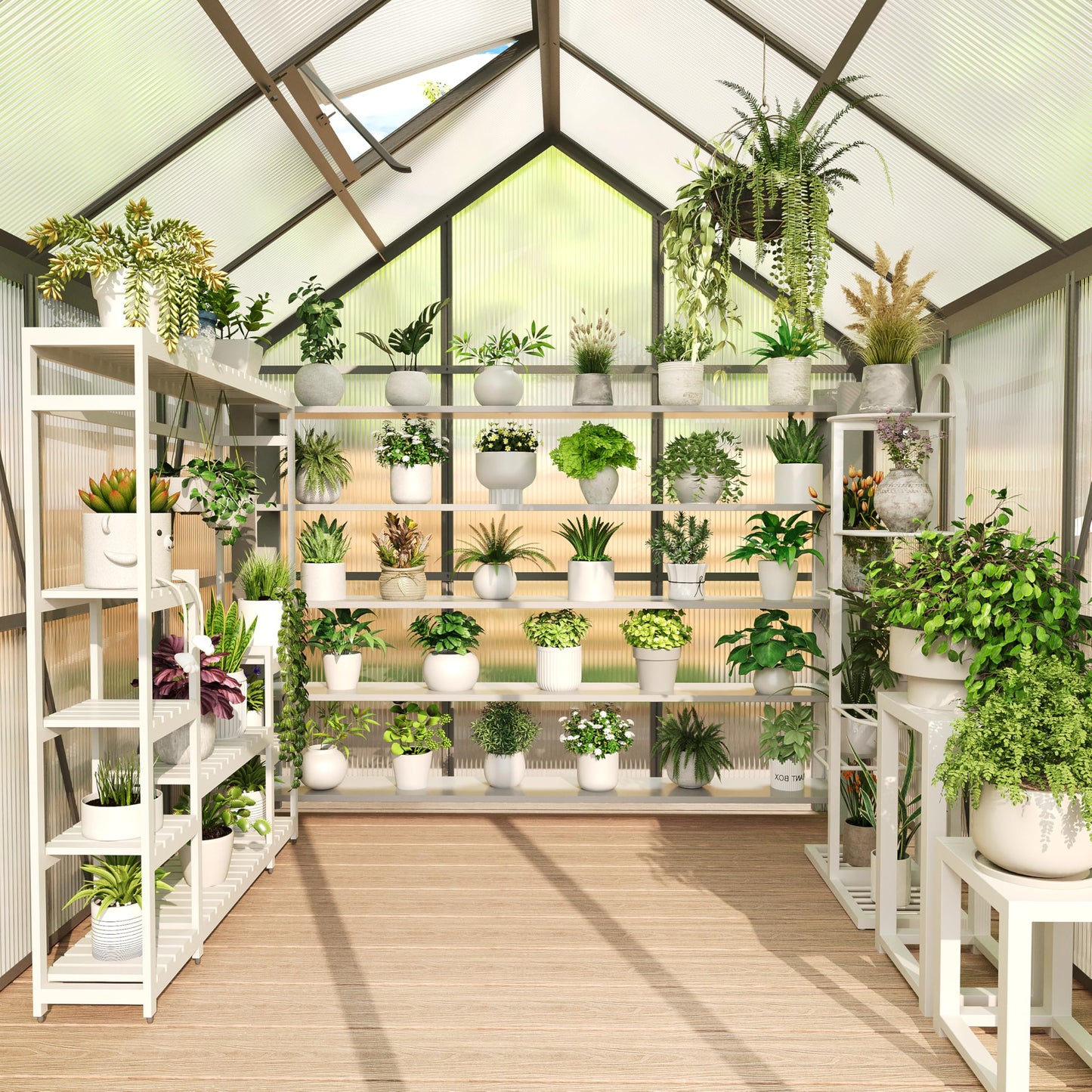 6X6FT Walk-in Polycarbonate Greenhouse, Outdoor Weatherproof Greenhouse Kit with Adjustable Roof Vent, Sliding Door & Gutter Drainage, Portable Green House for Patio Backyard Winter Gardening