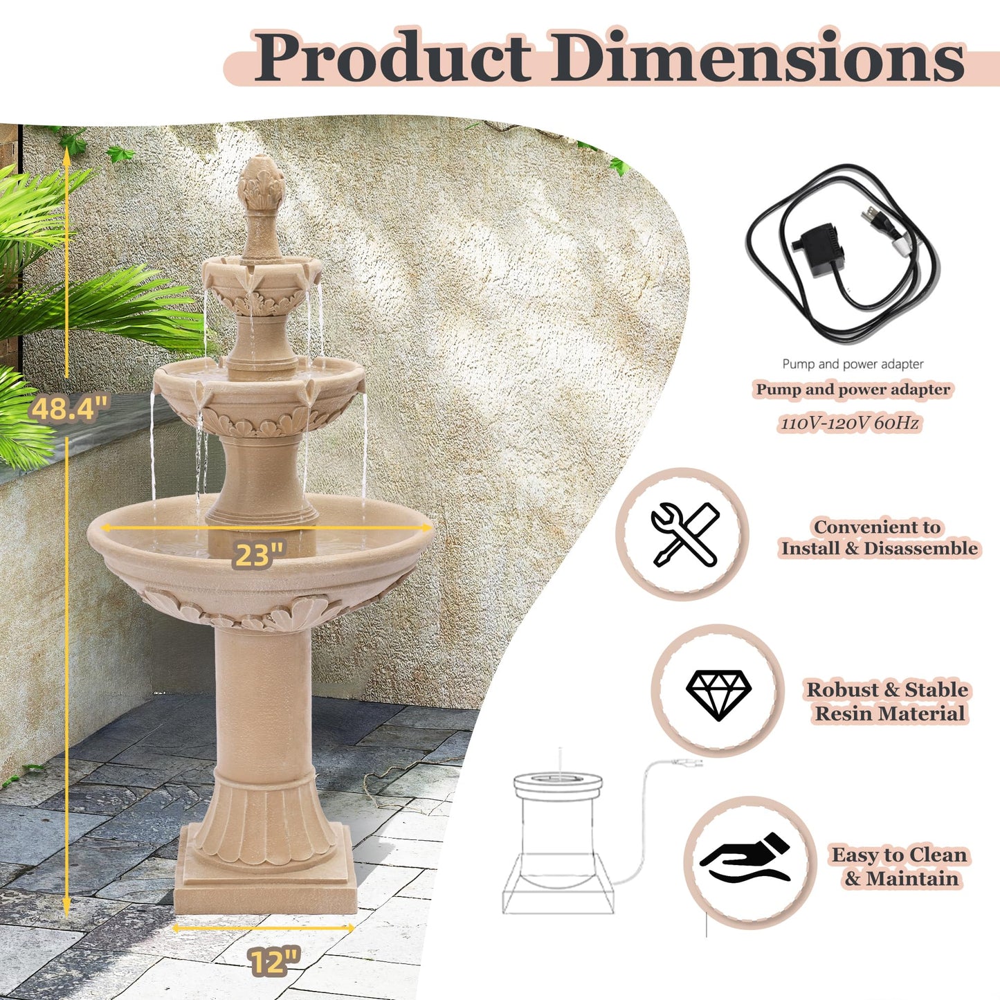 MAGIC UNION Outdoor Garden Water Fountains, 48.4''H Italian Style Fountains and Waterfalls Outside, 3-Tier Large Bubbler Cascading Indoor Floor Water Fountain Features with Pump for Home Yard Decor