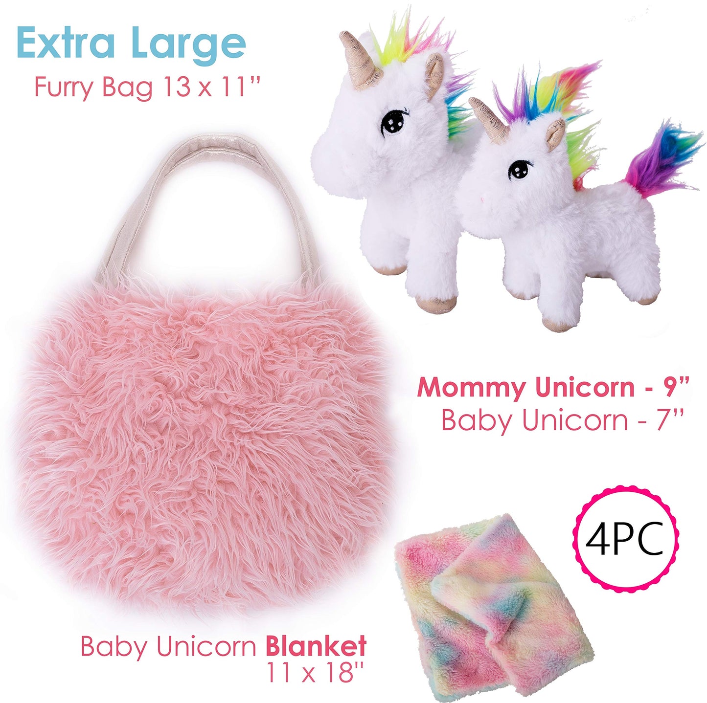 Perfectto Design Unicorn Toy for Girls Age 3, 4, 5. 4 PCS Set - Mommy Baby Stuffed Animal, Bag and a Doll Blanket. Unicorn Gift for 3-6 Year Old Girl Birthday or Christmas. (White Rainbow)