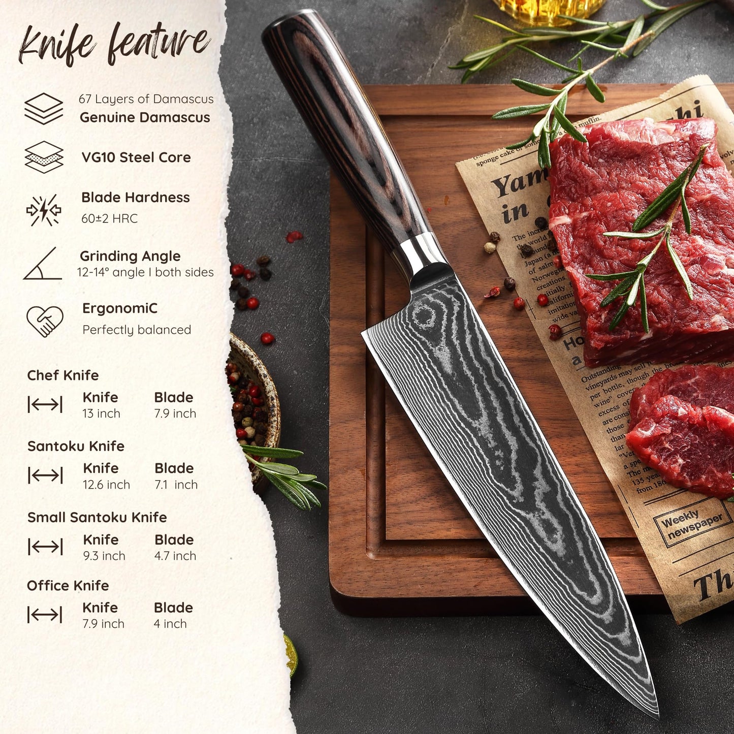 Wakoli EDIB Essentials 4-Piece Damascus Knife Set – Professional Kitchen Knives with VG10 Core, 67-Layer Damascus Steel Blades – Santoku, Chef, Small Santoku & Paring Knife with Pakkawood Handles