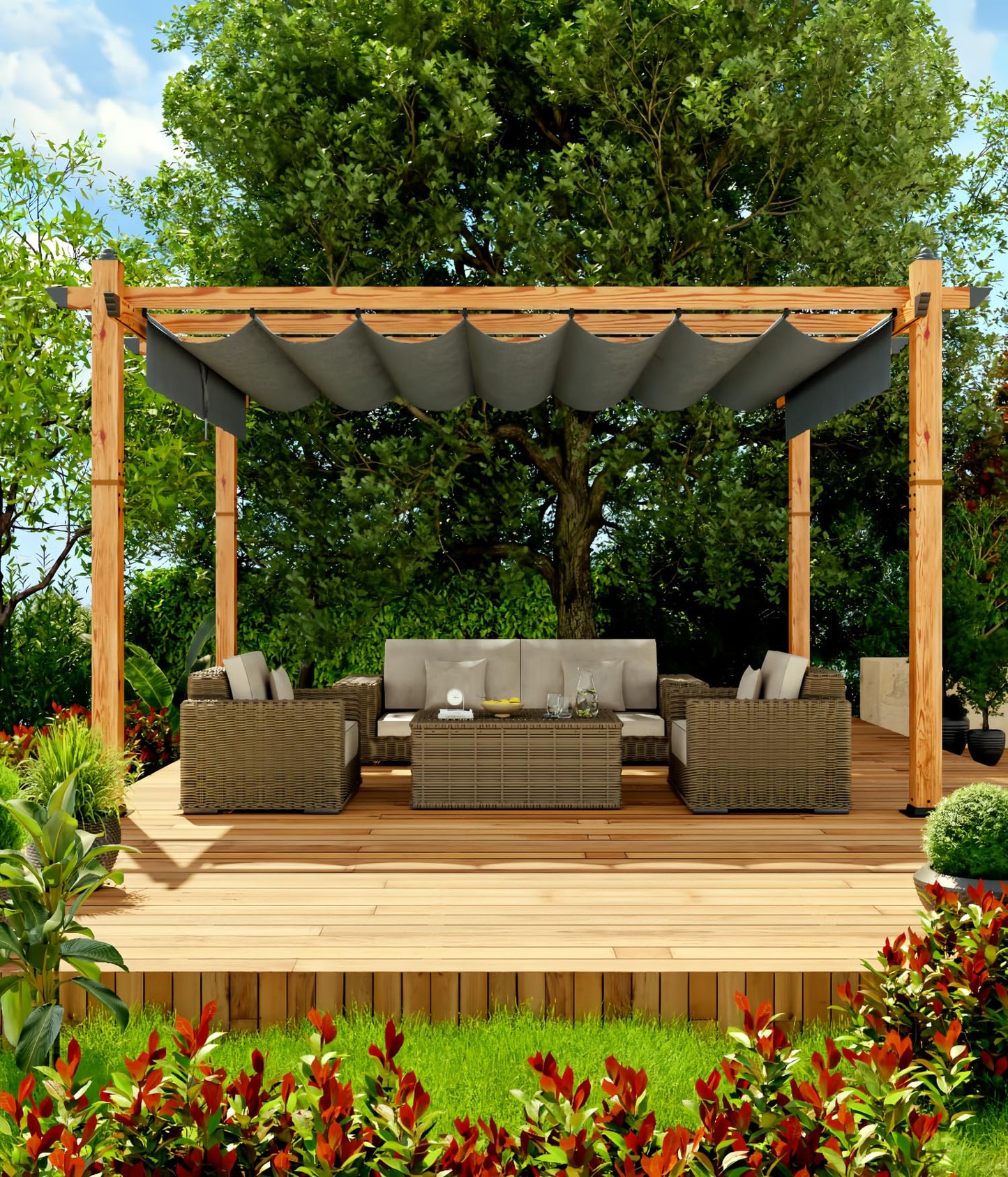 10' X 13' Aluminum Pergola Faux Wood Outdoor Pergola with Retractable Canopy Metal Pergolas Shelter for Backyard, Deck, Patio, Garden Porch Beach Sun Shade Pavilion Grape Trellis Grill, Gray