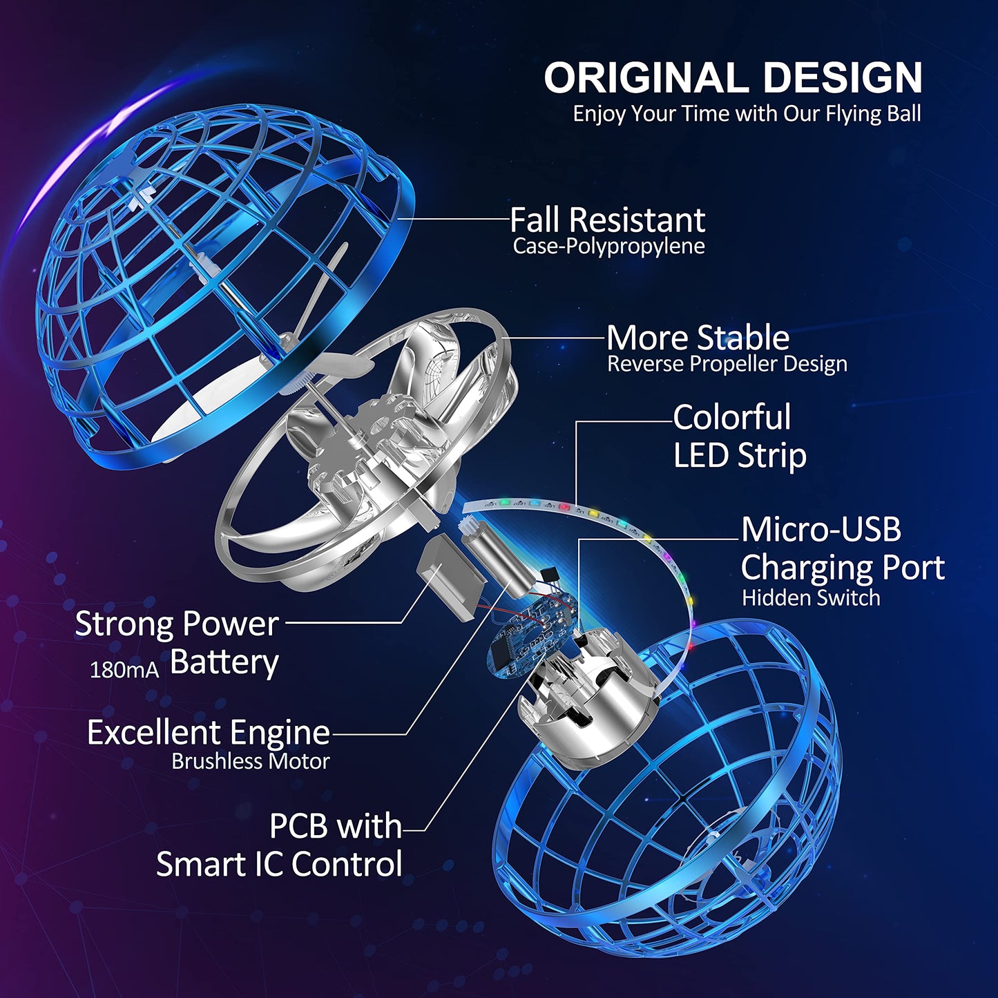 LEMATRIX Flying Orb Ball Toy, Hover Ball Boomerang Fly Fidget Spinner, Cool Toys Gifts for 6 7 8 9 10 11 12+ Years Old boy Girls Teens, Hand Mini Drone Cosmic Globe, Indoor Outdoor Toys(Blue)