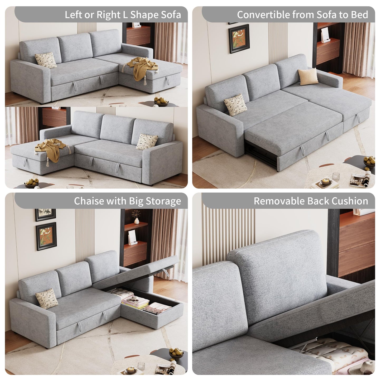 FAVSH 81-Inch L-Shape Sectional Couch, 4-in-1 Multifunctional Pull-Out Couch Sleeper Sofa with Storage Chaise & Removable Back Cushions, for Living Room/Office/Apartment (Light Gray)