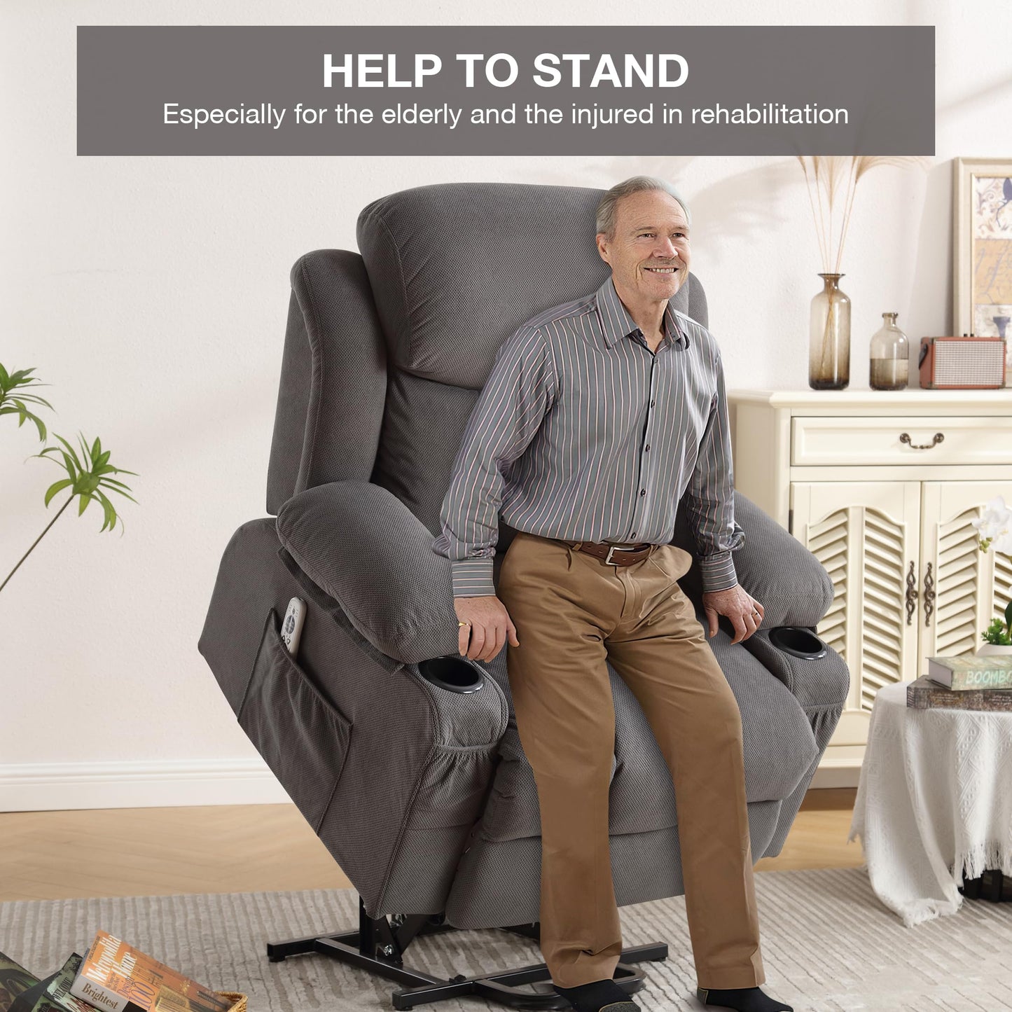 BOSMILLER Power Lift Recliner Chair for Elderly with Vibration Massage and Lumbar Heating Electric Oversized Single Sofa with Cup Holder and USB Charge Port for Living Room