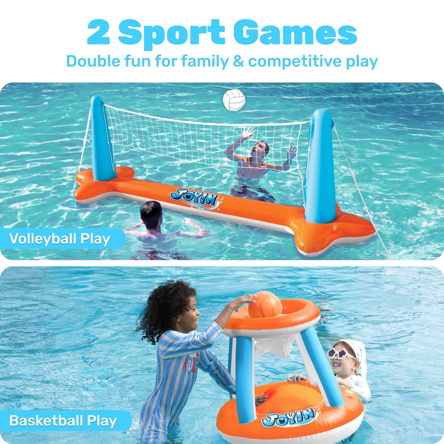 JOYIN Inflatable Pool Float Set Volleyball Net & Basketball Hoops, Floating Swimming Game Toy for Kids and Adults, Summer Floaties, Volleyball Court (105”x28”x38”)|Basketball (27.6”x23”),L-Orange