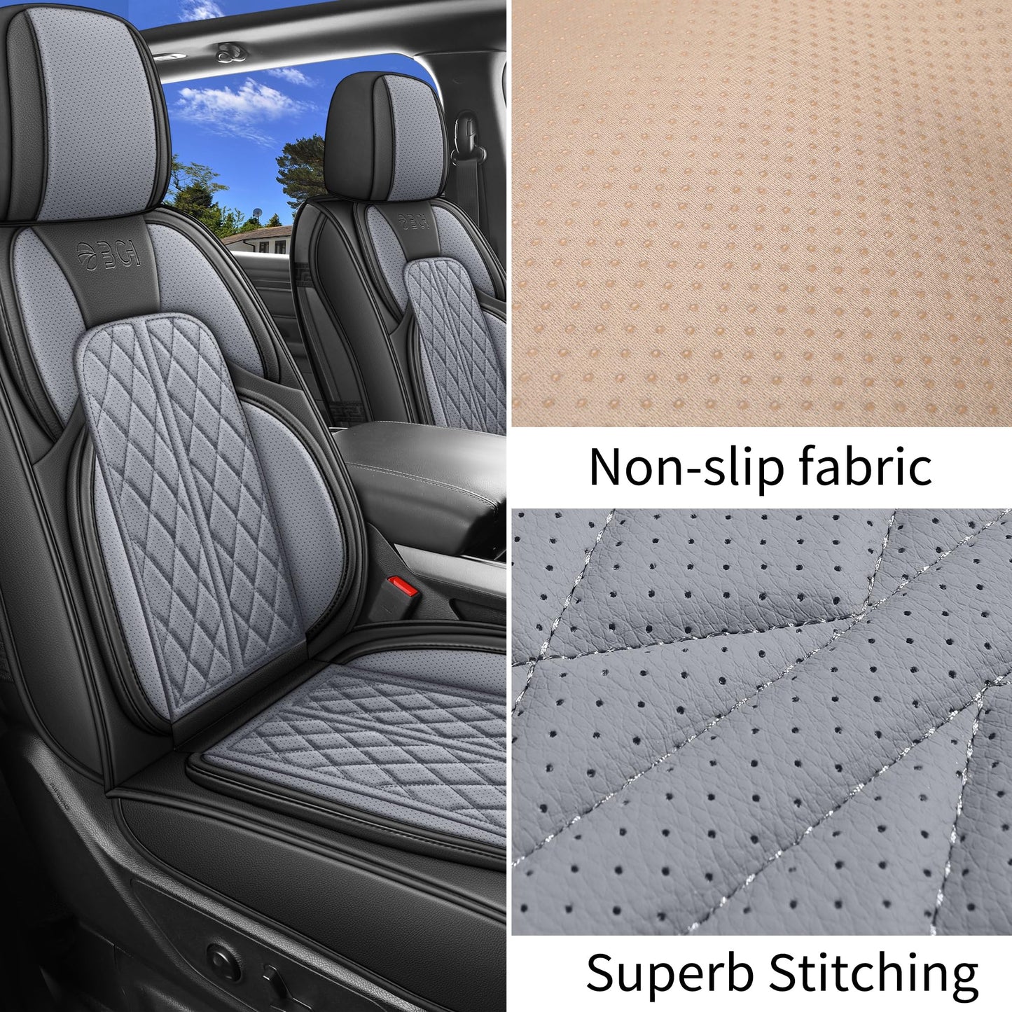 DuDuWang Car Seat Cover Custom Fit for Dodge Ram 1500 2500 3500 2002-2026 Faux Leather Seat Cover Set Compatible with Crew Quad Regular Cab Pickup Truck Cushions (Black & Grey, Full Set, Curved Rear)