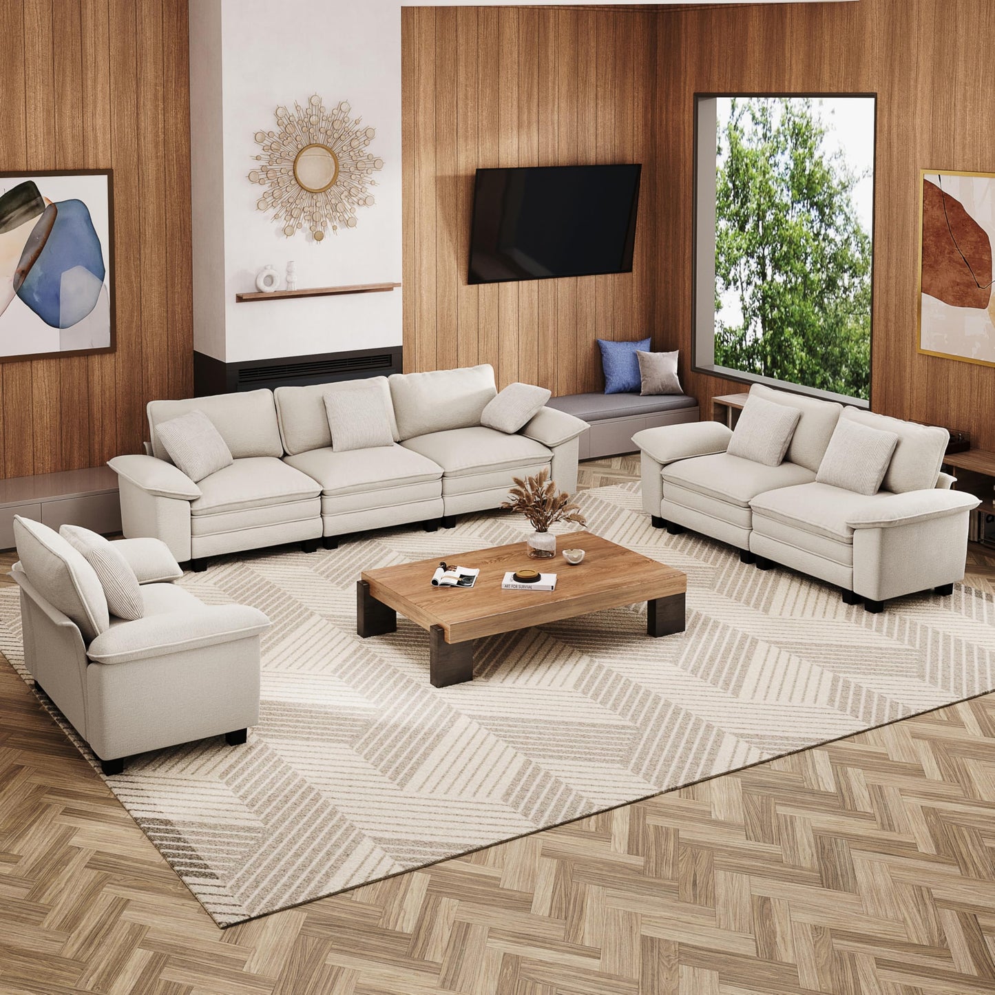 MIXPATIO U-Shaped Cloud Modular Sofa Set, Deep Seat 3-Piece 6-Seater Sectional Couch & Removable Arms, Plush Chenille for Living Room - Beige