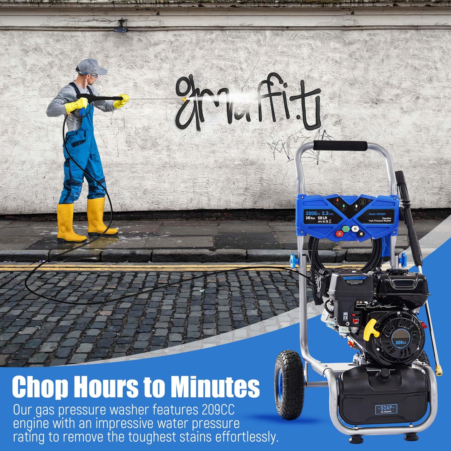 Ezasin Gas Pressure Washer 3500 PSI, 2.3 GPM Heavy Duty High Power Washer,209CC 7HP Engine with 25Ft Pressure Hose, Axial Aluminum Pump, Soap Tank, 4 Quick Connect Nozzle (Blue)