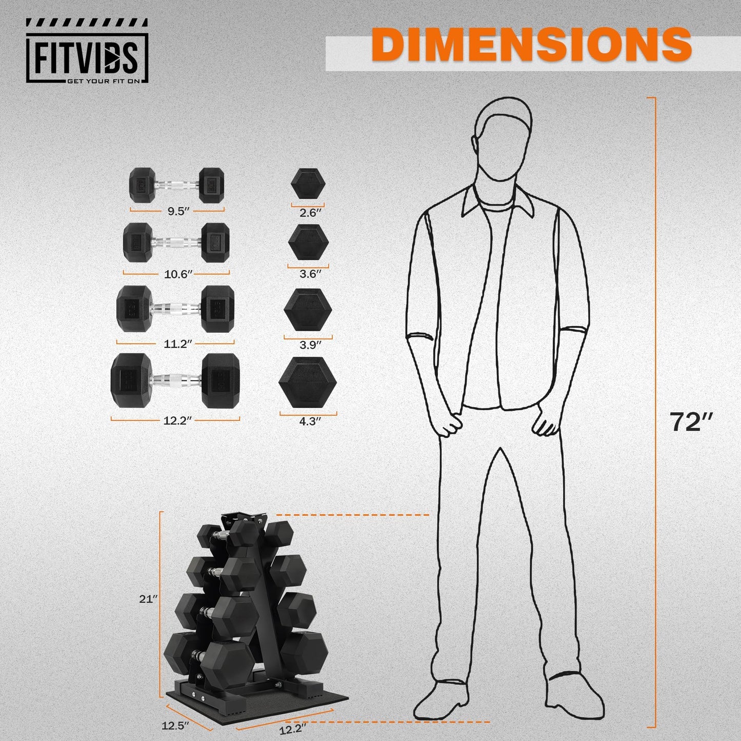 Fitvids 100 LB Rubber Coated Hex Dumbbell Set with Storage Rack, 5-25LB Hand Weight Set with Anti-Slip Grip for Home Gym
