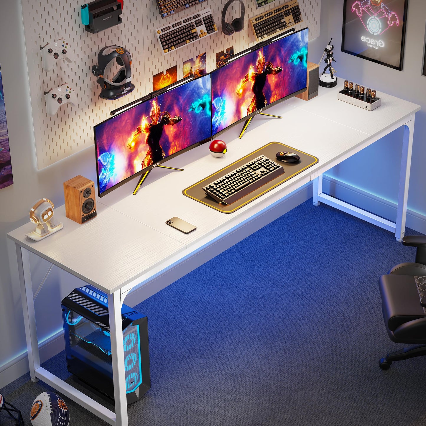 Huuger Computer Desk, 80 Inch Office Desk, Gaming Desk with Storage, Writing Desk Work Desk for Home Office, Study, Long Simple Desk, Large Legroom, Metal Frame, White