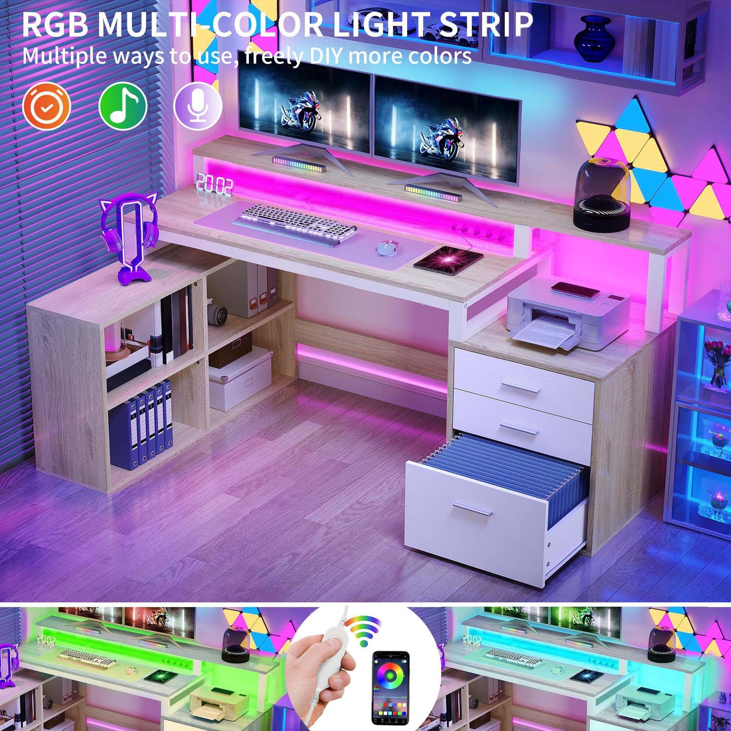 DWVO L Shaped Desk with Drawers, 65" Computer Desk with Power Outlets & LED Lights, Corner Home Office Desk with Storage Shelves & Printer Stand, White & Oak