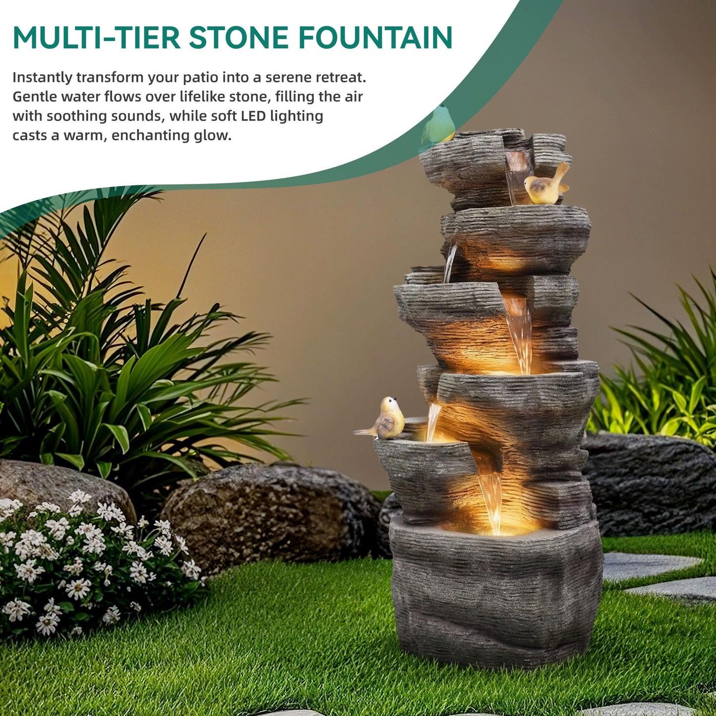 Ultym 40" H Extra-Large Rock Outdoor Water Fountain with LED Lights, 6-Tier Cascading Stone Waterfall with Birds for Garden Patio Porch, Weather-Resistant Polyresin Water Feature for Tranquil Oasis