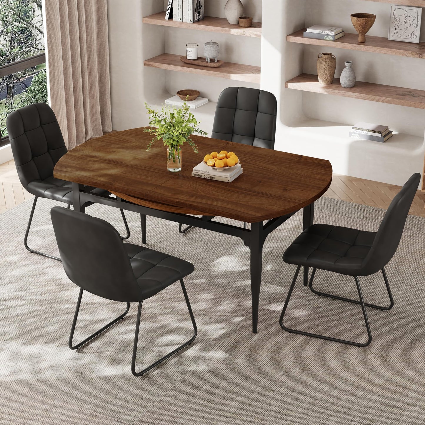 HIPIHOM Expandable Folding Dining Table Set, 55-Inch Round to Square Table with 6 Upholstered Chairs, Metal Frame, for Dining Room or Apartment (Round Table + 6 Black Modern Dining Chairs)