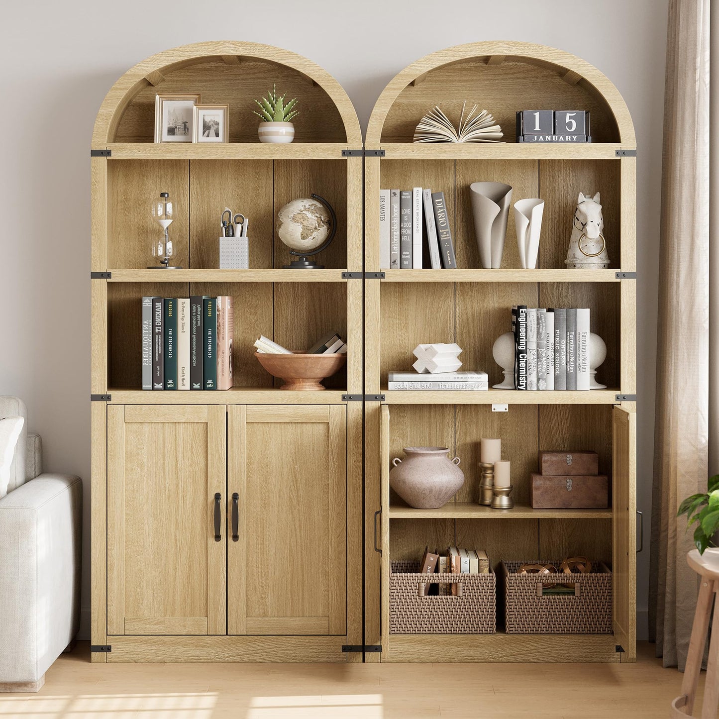 GarveeHome Bookcase with Doors Arched Bookshelf 71.65 in Tall Bookcase Farmhouse Cabinet with Shelves Wooden Bookshelves for Home Office, Living Room (Light Oak)