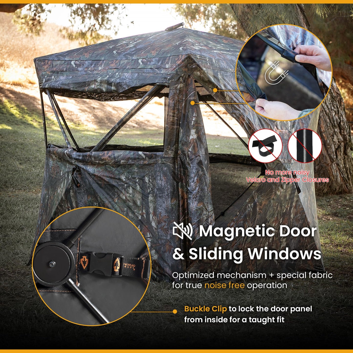 Arrowhead Outdoor 270° Vision 4.8x4.8 Ft Pop-up 2-3 Person See-Through Hunting Stealth Deer Blind Shelter w/Magnetic Door, Sliding Windows and Backpack Carry Bag, Noise-Free Camouflage Design