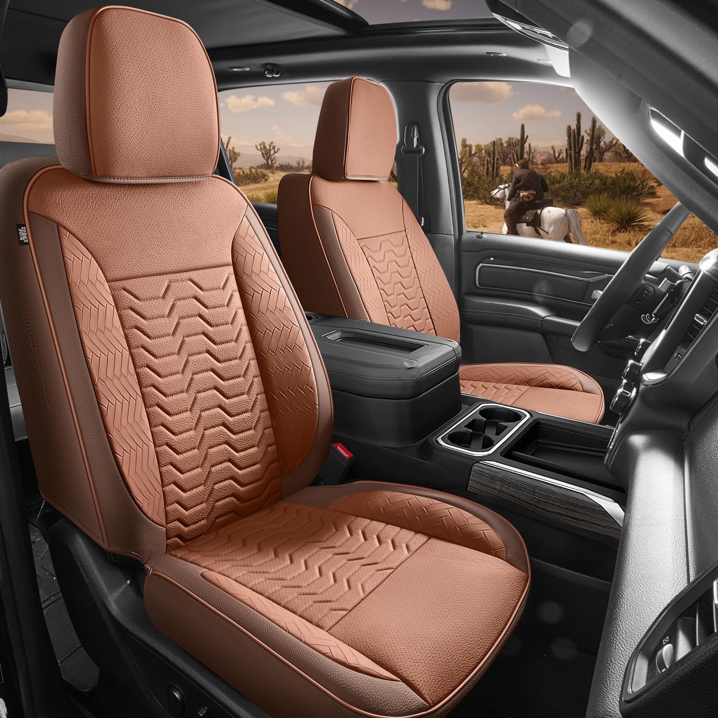 Red Rain Brown Leather Car Seat Cover for Chevy Silverado 2019-2025 1500 2500 3500 Crew Cab Double Extended Regular Cab LT LZT RST Trail Boss, GMC Sierra 2020-2026 (Silverado-Brown+Orange-2019/2025)