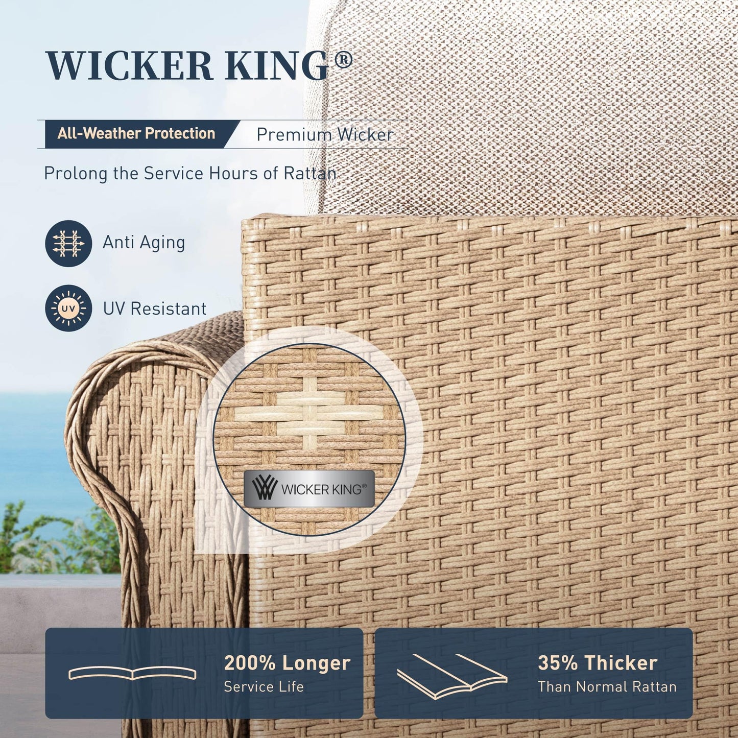 Patio Furniture Set 7 Piece, Wicker Rattan Sectional Sofa Couch with 5.5" Thick Waterproof Cushions and Coffee Table, All weather Modular Outdoor Conversation Set for Lawn Backyard and Deck, Beige