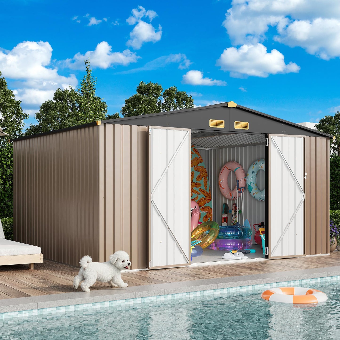 IRONCK 10x12FT Outdoor Storage Shed, Metal Garden Tool Shed with Breathable Vent and Lockable Doors, Outside Storage for Backyard, Poolside, Patio, Brown
